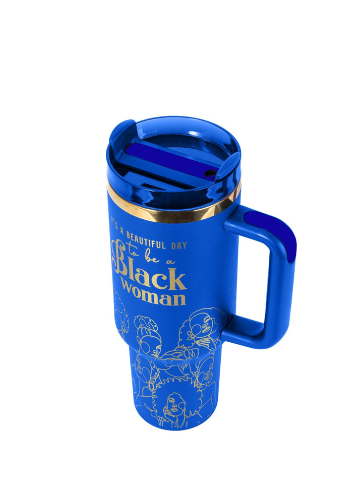 "Blue Reign (Gold Edition)" FlowSip™ Insulated Tumbler – 30oz – It's a Beautiful Day to Be a Black Woman | PRE-ORDER SHIPS 9/28/26 - 10/12/26