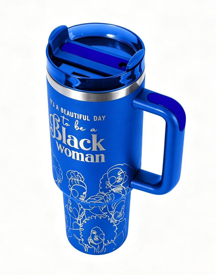 "Blue Reign (Silver Edition)" FlowSip™ Insulated Tumbler – 30oz – It's a Beautiful Day to Be a Black Woman | PRE-ORDER SHIPS 9/28/26 - 10/12/26