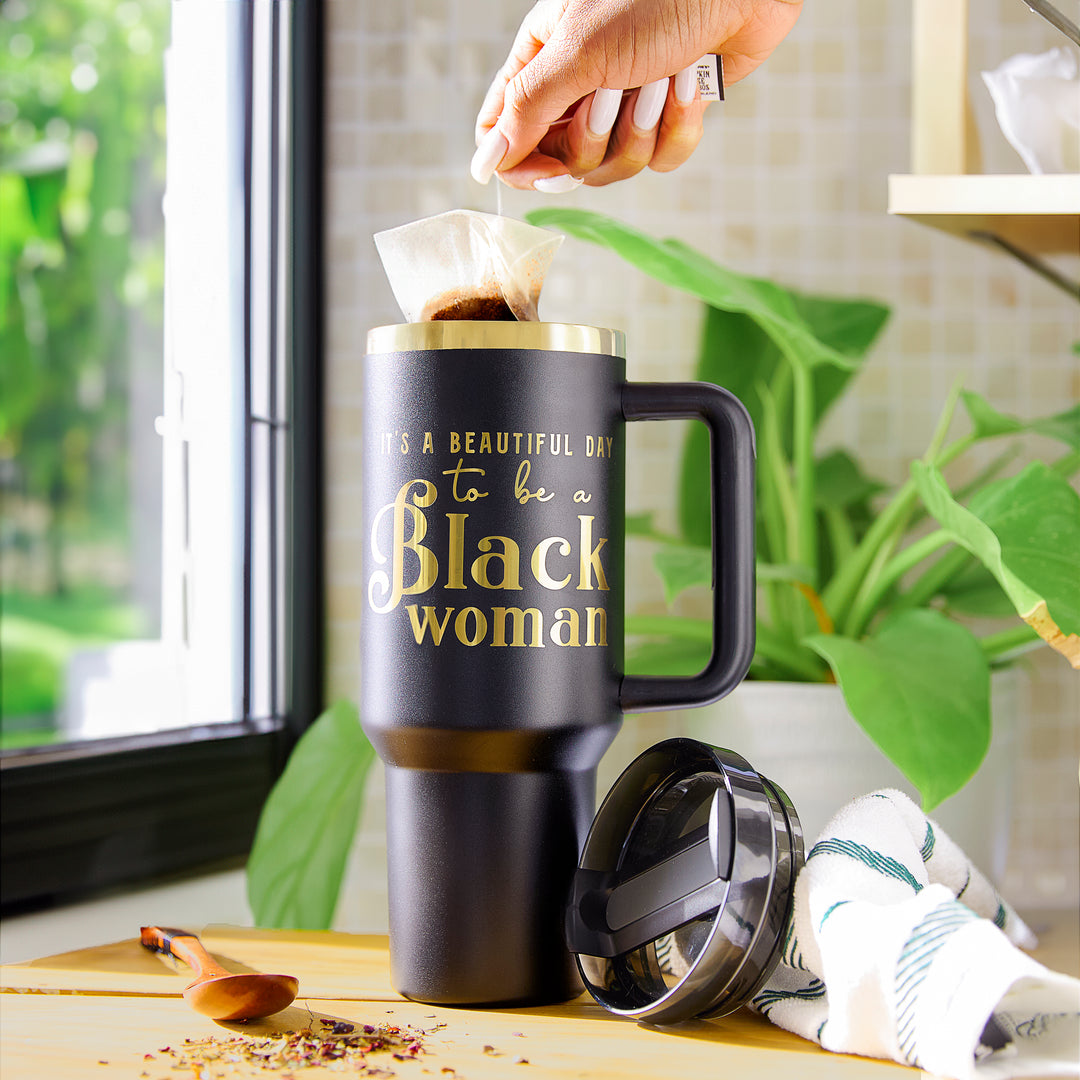 "Miss Black and Gold" 40oz Insulated Tumbler – "It's a Beautiful Day to be a Black Woman"