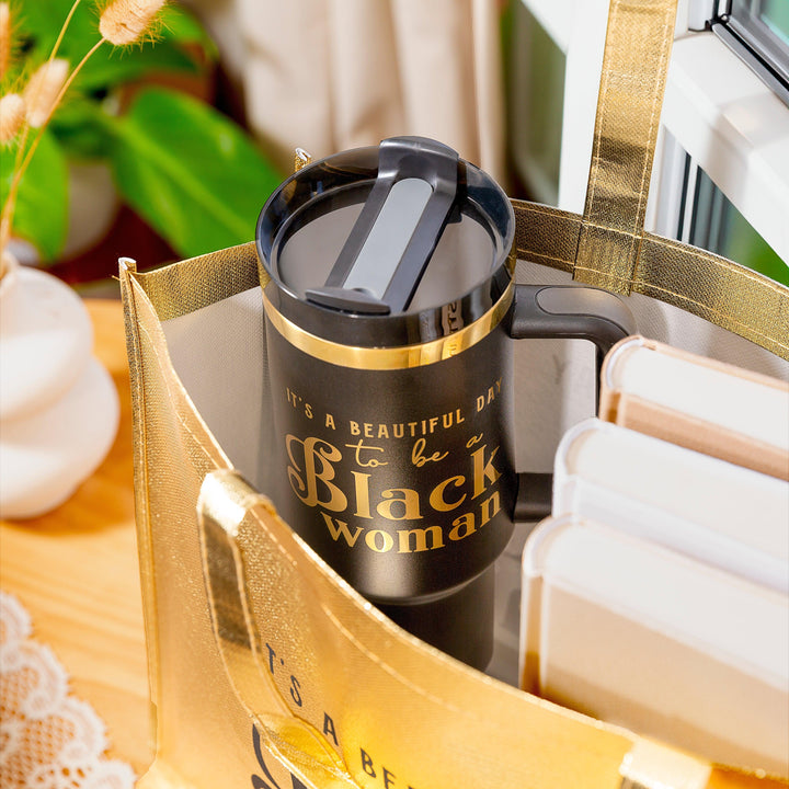 "Miss Black and Gold" FlowSip™ Insulated Tumbler – 40oz – It's a Beautiful Day to Be a Black Woman | PRE-ORDER SHIPS 9/28/26 - 10/12/26