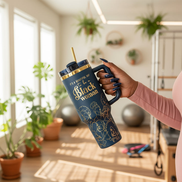 "Navy Noir" 40oz Insulated Tumbler – "It’s a Beautiful Day to be a Black Woman"