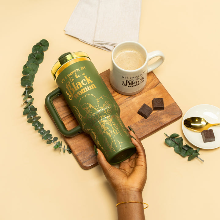 “Olive Essence” 40oz Insulated Tumbler – "It’s a Beautiful Day to be a Black Woman"