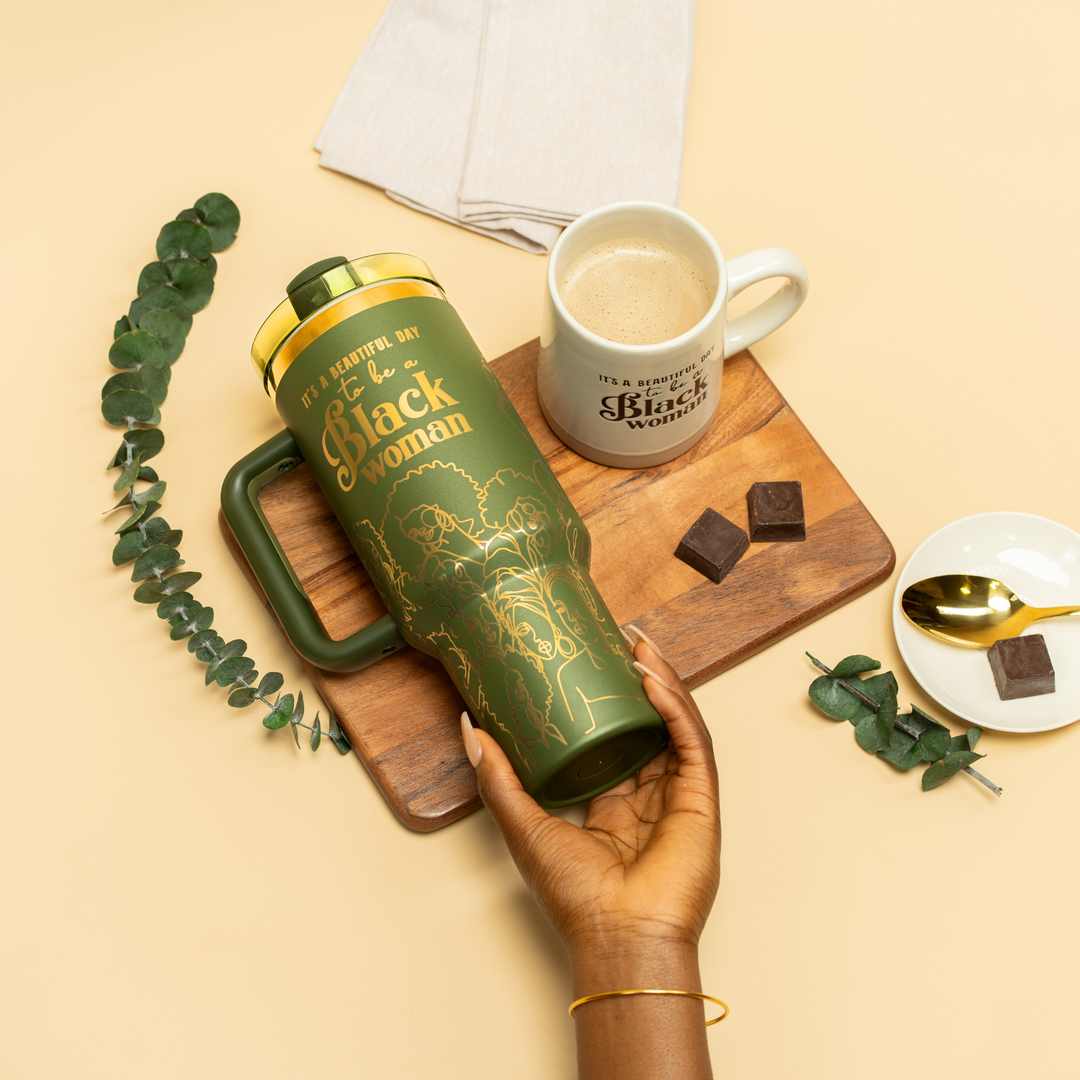 “Olive Essence” 40oz Insulated Tumbler – "It’s a Beautiful Day to be a Black Woman"