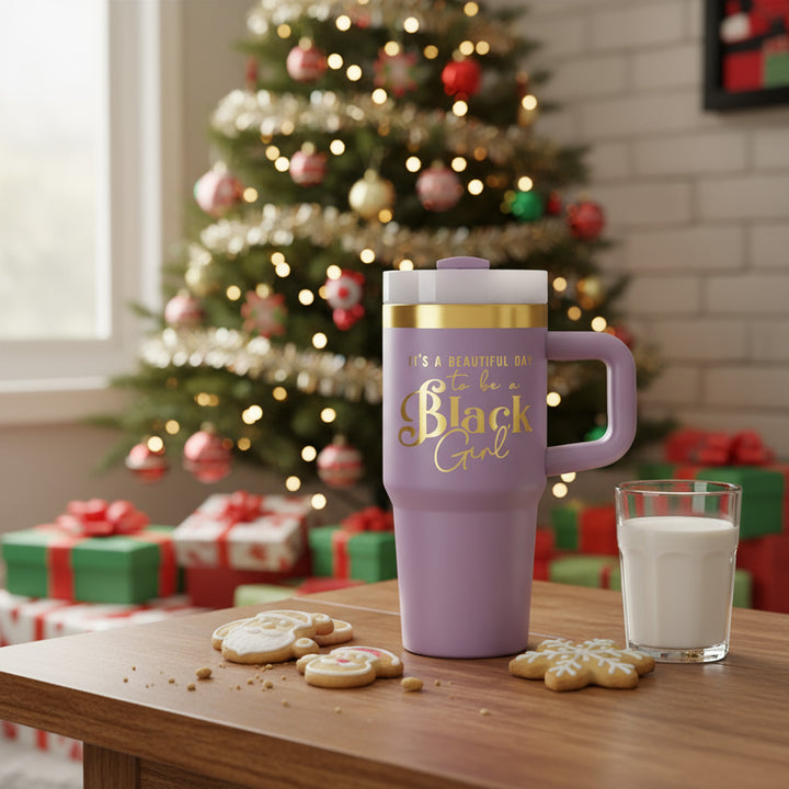"Playful Purple" 14oz Insulated Tumbler - "It's a Beautiful Day to be a Black Girl"