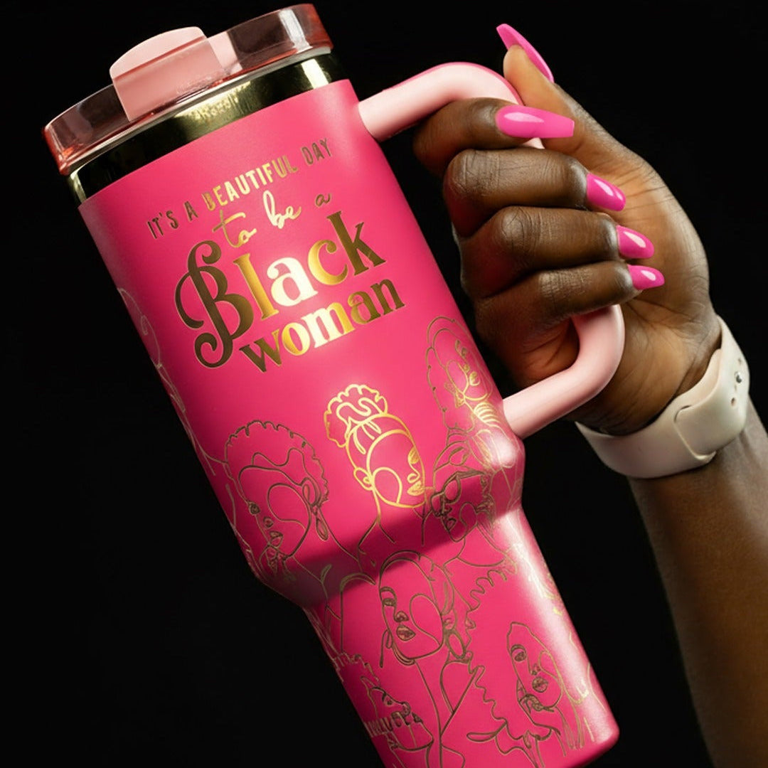 "Warrior Pink" Breast Cancer Awareness 40oz Insulated Tumbler – "It’s a Beautiful Day to be a Black Woman"
