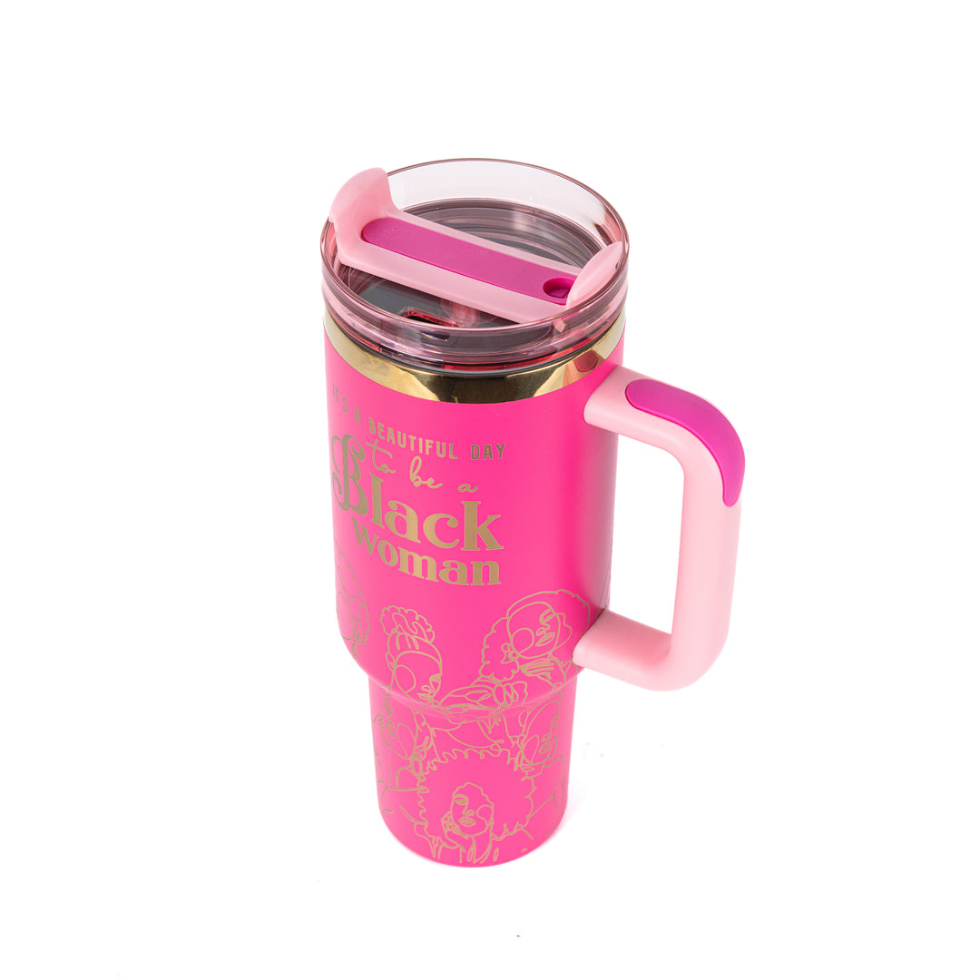"Warrior Pink" FlowSip™ Insulated Tumbler – 40oz – It's a Beautiful Day to Be a Black Woman | PRE-ORDER SHIPS 9/28/26 - 10/12/26