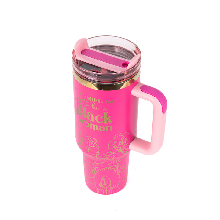 "Warrior Pink" FlowSip™ Insulated Tumbler – 40oz – It's a Beautiful Day to Be a Black Woman | PRE-ORDER SHIPS 9/28/26 - 10/12/26