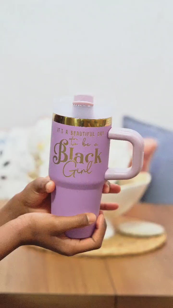 "Playful Purple" 14oz Insulated Tumbler - "It's a Beautiful Day to be a Black Girl"