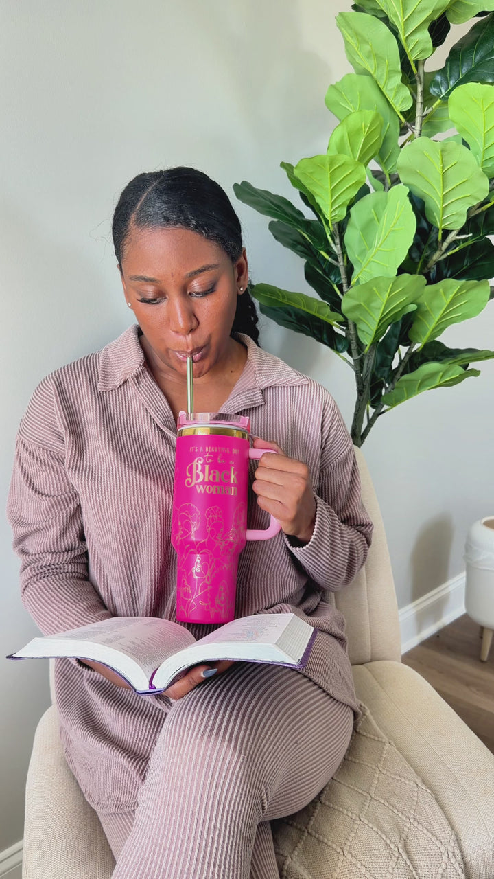 "Warrior Pink" Breast Cancer Awareness 40oz Insulated Tumbler – "It’s a Beautiful Day to be a Black Woman"